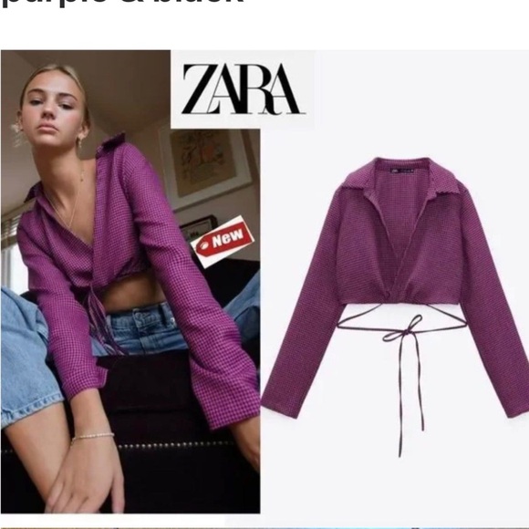 Zara Houndstooth v-neck long sleeve Purple Cropped Blouse - Picture 1 of 5